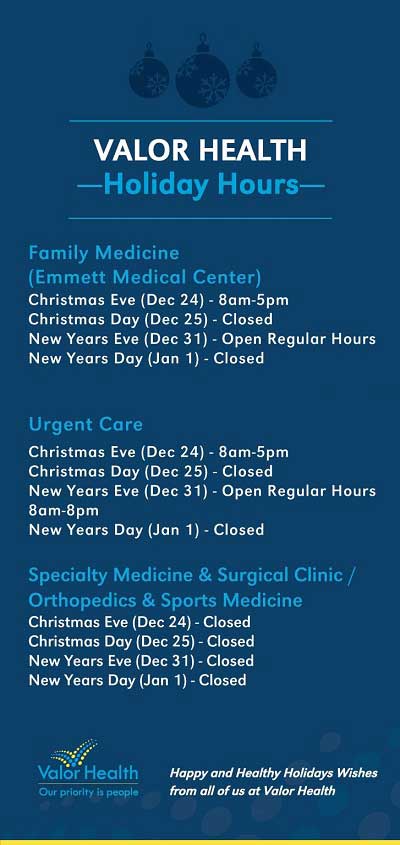 Holiday Hours at Valor Health