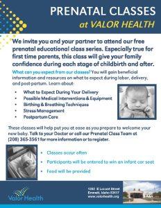 Free prenatal classes at Valor Health in Emmett, Idaho.